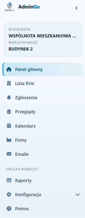 Menu aplikacji AdminGo